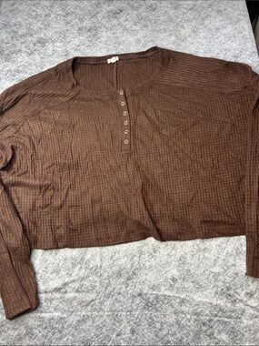 Garage Brown Waffle-Knit Henley Long Sleeve Top - Women
